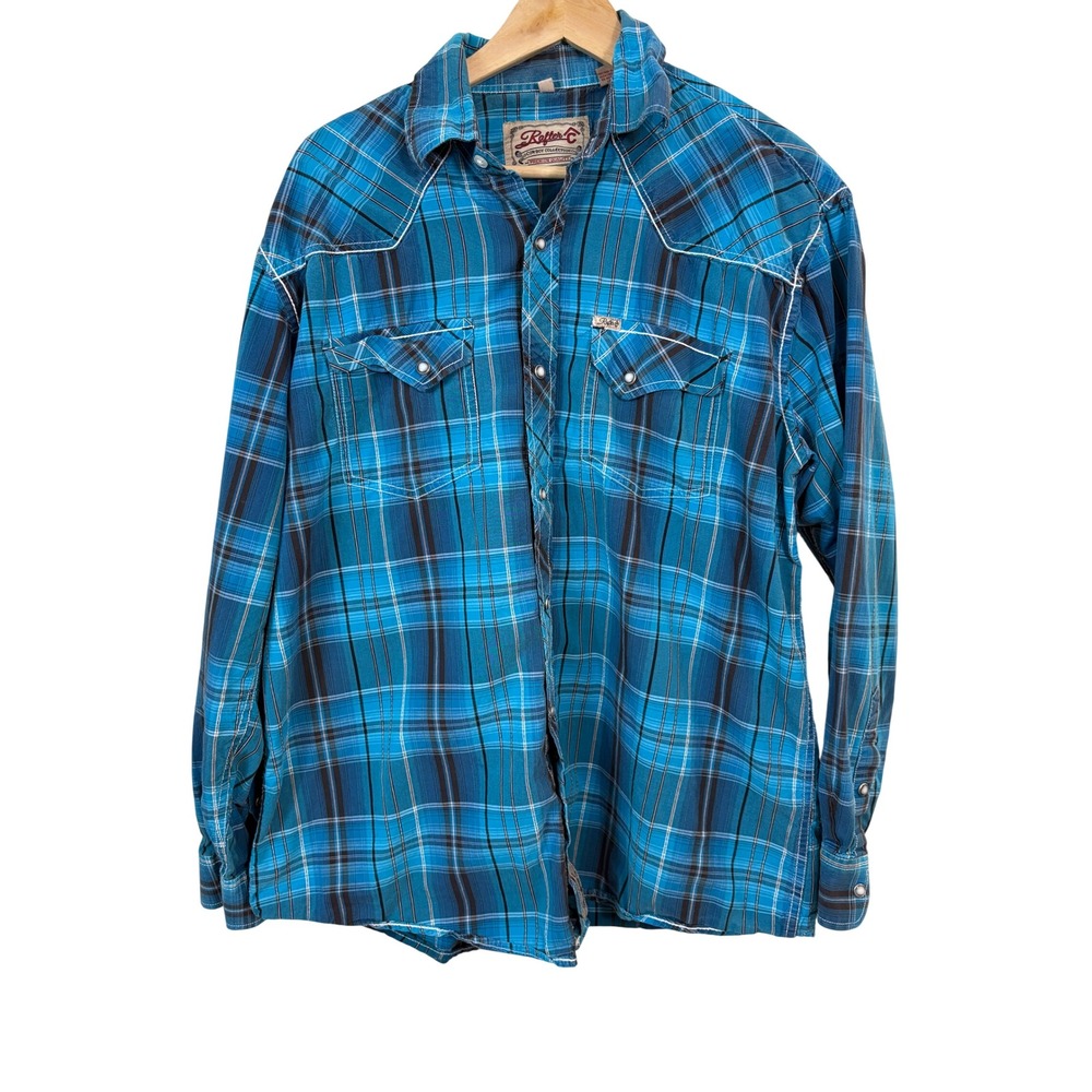Rafter C Cowboy Collection Mens XL‎ Blue Plaid Western Pearl Snap Shirt workwear